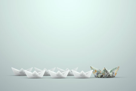 The uniqueness of the creative background, the origami boat of dollars leads the white boats....