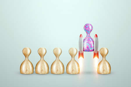Uniqueness, among the wooden pawns, a multi-colored pawn takes off on a rocket. Competitive advantage, standing out from the crowd, thinking outside the box, a leader. 3D render, 3D illustrationの写真素材