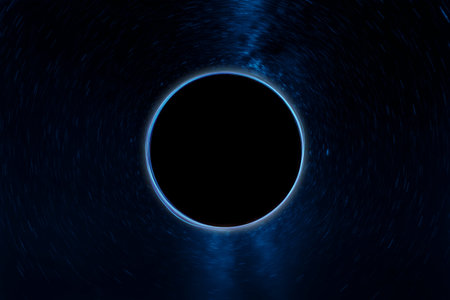Black hole against the background of the Milky Way and stars, a supermassive singularity. Space, science, galactic nucleus, death of a star, glowing plasma. 3D illustration, 3D renderの写真素材