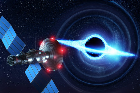 Space probes and satellites on the background of a black hole. Space exploration, science, galaxy...