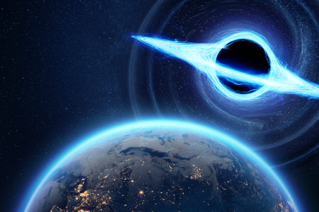 A black hole with an accretion disk against the background of the earth, a disaster. Space, science,...