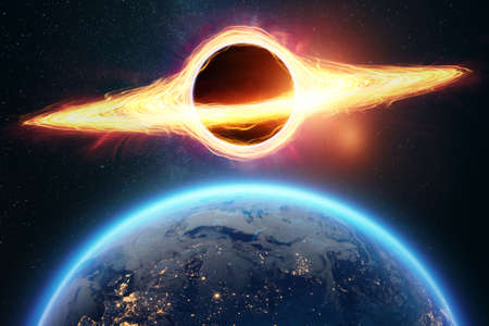 A black hole with an accretion disk against the background of the earth, a disaster. Space, science, galactic nucleus, death of a star, glowing plasma. 3D illustration, 3D renderの写真素材