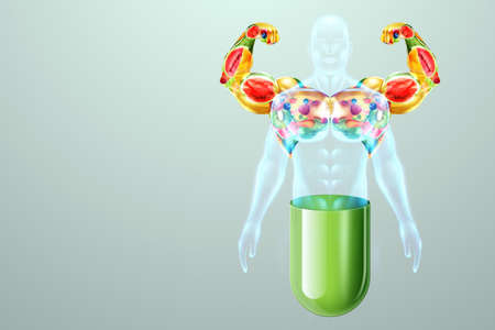 Food supplement, arms biceps, strength from fruits and vegetables. Alternative medicine, vitamins, naturopathy, health, homeopathy, diet, healthy eating 3D illustration 3D renderの写真素材