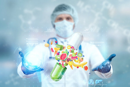 Food supplement in the form of medicinal capsules with fruits and vitamins on the background of the doctor. Correct diet, diet, alternative medicine, vitamins, naturopathy, homeopathy.の写真素材