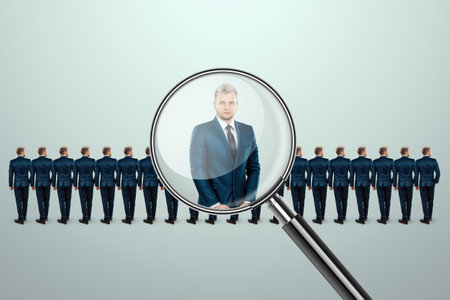 We are hiring, creative background flyer template. Recruiting new employees, we are looking for new candidates for our team, we have posted a vacancy. Examine the employee through a magnifying glassの写真素材