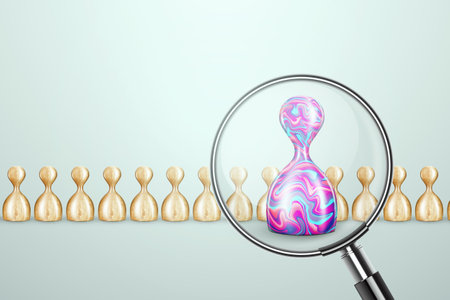 We are recruiting employees, looking for new candidates for our team, we have posted a vacancy. We are looking for unique abilities with the help of a magnifying glass. 3D render, 3D illustrationの写真素材