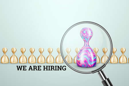 We are recruiting employees, looking for new candidates for our team, we have posted a vacancy. We are looking for unique abilities with the help of a magnifying glass. 3D render, 3D illustrationの写真素材