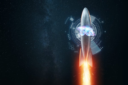 Creative background, 5G rocket mobile technology. 5G network concept, high speed mobile internet,...