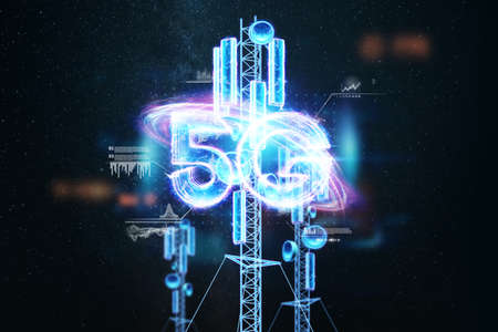 Hologram 5G creative background, cell towers, mobile technology ,. 5G network concept, high speed mobile internet, new generation networks. Mixed media. 3D render, 3D illustrationの写真素材
