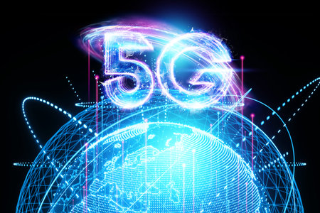Hologram 5G creative mobile technology background. 5G network concept, high speed mobile internet,...