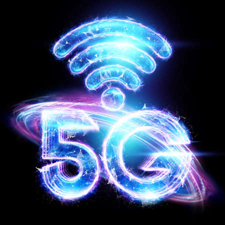 Hologram 5G creative mobile technology background. 5G network concept, high speed mobile internet, new generation networks. Mixed media. 3D render, 3D illustrationの写真素材