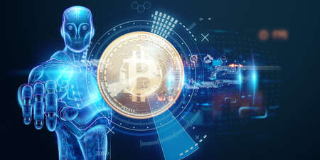 Creative background, bitcoin gold coin, electronic money. Blockchain transfer concept, cryptocurrency, data encryption. Mixed mediaの写真素材