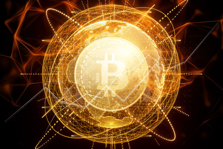 Creative background, bitcoin gold coin, electronic money. Blockchain transfer concept, cryptocurrency, data encryption. Mixed mediaの写真素材