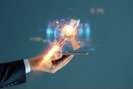 Creative background, bitcoin coin price increases, rocket flying, electronic money. Blockchain...