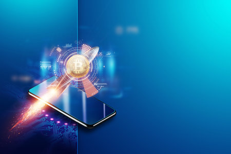 Creative background, bitcoin coin price increases, rocket flying, electronic money. Blockchain...