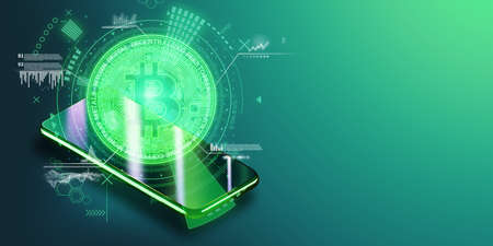 Creative background, bitcoin coin in a smartphone with analytics data, electronic money. Blockchain transfer concept, cryptocurrency, data encryption. Mixed media. 3D render, 3D illustrationの写真素材