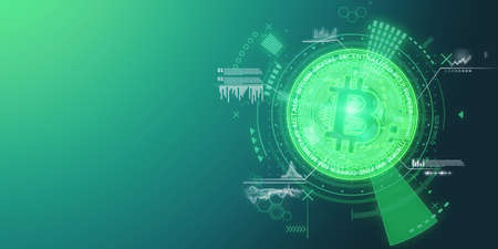 Creative background, bitcoin coin with analytics data, electronic money. Blockchain transfer concept, cryptocurrency, data encryption. Mixed media. 3D render, 3D illustrationの写真素材