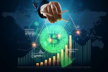 Creative background, bitcoin coin with analytics data, electronic money. Blockchain transfer concept, cryptocurrency, data encryption. Mixed mediaの写真素材