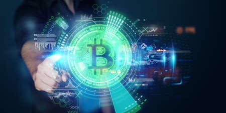 Creative background, bitcoin coin in a smartphone with analytics data, electronic money. Blockchain transfer concept, cryptocurrency, data encryption. Mixed mediaの写真素材