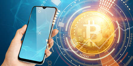 Creative background, bitcoin coin in a smartphone with analytics data, electronic money. Blockchain transfer concept, cryptocurrency, data encryption. Mixed mediaの写真素材