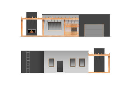 The facade of a one-storey Eco-house, a hi-tech cottage, minimalism with windows. Eco-friendly house concept, modern style. 3D render, 3D illustrationの写真素材