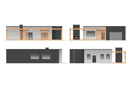 The facade of a one-storey Eco-house, a hi-tech cottage, minimalism with windows. Eco-friendly house concept, modern style. 3D render, 3D illustrationの写真素材