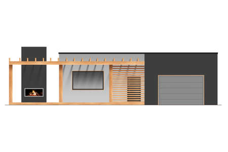 The facade of a one-storey Eco-house, a hi-tech cottage, minimalism with windows. Eco-friendly house concept, modern style. 3D render, 3D illustrationの写真素材
