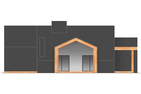 The facade of a one-storey Eco-house, a hi-tech cottage, minimalism with windows. Eco-friendly house concept, modern style. 3D render, 3D illustrationの写真素材