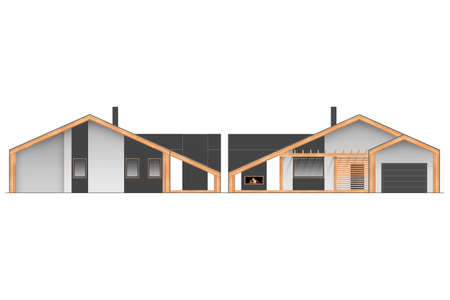 The facade of a one-storey Eco-house, a hi-tech cottage, minimalism with windows. Eco-friendly house concept, modern style. 3D render, 3D illustrationの写真素材