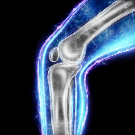 X-ray of a sore knee, hologram of joints, structure of the knee. X-ray image, trauma, rheumatologist consultation, skeletal image, medicine of the future. 3D illustration, 3D renderの写真素材