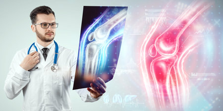 The doctor looks at the X-ray of the sore knee, severe pain. X-ray image, trauma, rheumatologist...