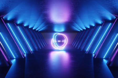 Abstract neon background blue purple neon. Modern design, trend interior, ultraviolet light, nightclub, luminous panels, stage decorations, corridor, tunnel. 3d render 3d illustration copy spaceの写真素材