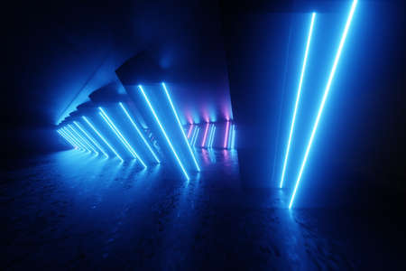 Abstract neon background blue purple neon. Modern design, trend interior, ultraviolet light, nightclub, luminous panels, stage decorations, corridor, tunnel. 3d render 3d illustration copy spaceの写真素材