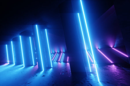 Abstract neon background blue purple neon. Modern design, trend interior, ultraviolet light,...