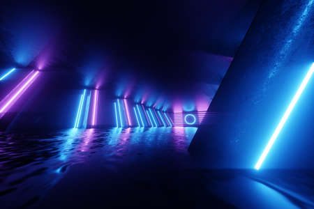 Abstract neon background blue purple neon. Modern design, trend interior, ultraviolet light, nightclub, luminous panels, stage decorations, corridor, tunnel. 3d render 3d illustration copy spaceの写真素材