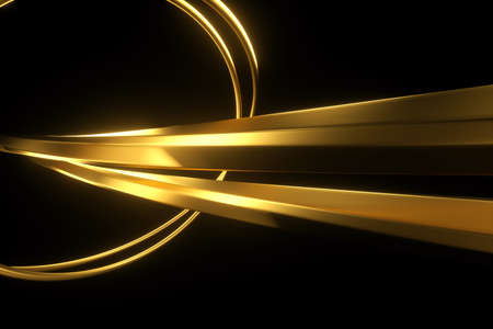 Dark gold background, abstract figure, luxurious golden shapes, on a black background. Gold waves, metal lines, elegant background, Geometric design. 3D render, 3D illustrationの写真素材