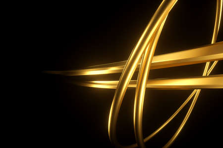 Dark gold background, abstract figure, luxurious golden shapes, on a black background. Gold waves, metal lines, elegant background, Geometric design. 3D render, 3D illustration.の写真素材