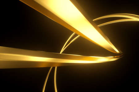 Dark gold background, abstract figure, luxurious golden shapes, on a black background. Gold waves, metal lines, elegant background, Geometric design. 3D render, 3D illustrationの写真素材