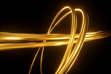 Dark gold background, abstract figure, luxurious golden shapes, on a black background. Gold waves, metal lines, elegant background, Geometric design. 3D render, 3D illustration.の写真素材