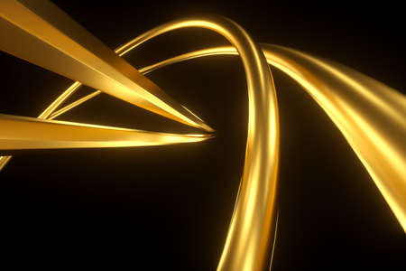 Dark gold background, abstract figure, luxurious golden shapes, on a black background. Gold waves, metal lines, elegant background, Geometric design. 3D render, 3D illustration.の写真素材