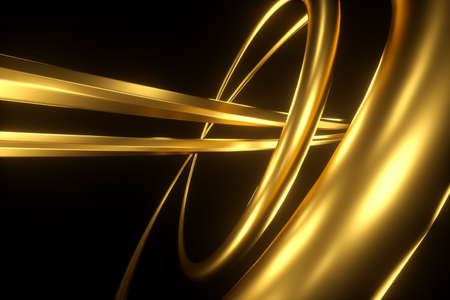 Dark gold background, abstract figure, luxurious golden shapes, on a black background. Gold waves, metal lines, elegant background, Geometric design. 3D render, 3D illustrationの写真素材