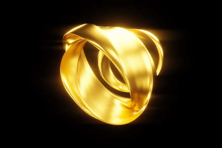 Dark gold background, abstract figure, luxurious golden shapes, on a black background. Gold waves, metal lines, elegant background, Geometric design. 3D render, 3D illustration.の写真素材