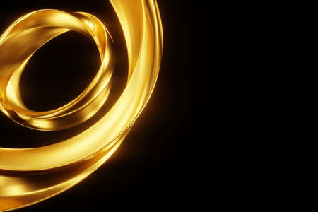 Dark gold background, abstract figure, luxurious golden shapes, on a black background. Gold waves, metal lines, elegant background, Geometric design. 3D render, 3D illustrationの写真素材