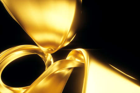 Dark gold background, abstract figure, luxurious golden shapes, on a black background. Gold waves, metal lines, elegant background, Geometric design. 3D render, 3D illustrationの写真素材
