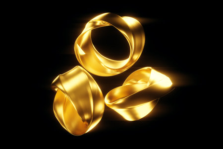 Dark gold background, abstract figure, luxurious golden shapes, on a black background. Gold waves, metal lines, elegant background, Geometric design. 3D render, 3D illustration.の写真素材