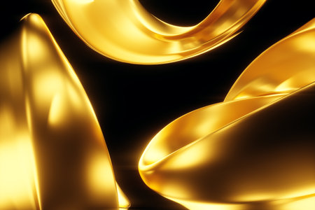 Dark gold background, abstract figure, luxurious golden shapes, on a black background. Gold waves, metal lines, elegant background, Geometric design. 3D render, 3D illustrationの写真素材