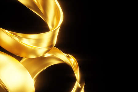 Dark gold background, abstract figure, luxurious golden shapes, on a black background. Gold waves, metal lines, elegant background, Geometric design. 3D render, 3D illustrationの写真素材
