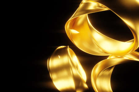 Dark gold background, abstract figure, luxurious golden shapes, on a black background. Gold waves, metal lines, elegant background, Geometric design. 3D render, 3D illustration.の写真素材