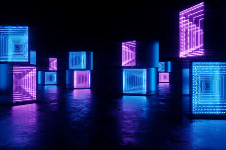 Abstract neon background blue purple neon. Modern design, trend interior, ultraviolet light, nightclub, luminous panels, stage decorations, corridor, tunnel. 3d render 3d illustration copy spaceの写真素材