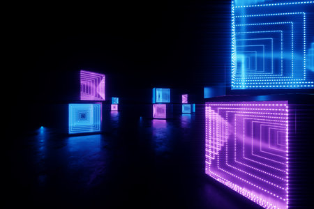 Abstract neon background blue purple neon. Modern design, trend interior, ultraviolet light, nightclub, luminous panels, stage decorations, corridor, tunnel. 3d render 3d illustration copy spaceの写真素材